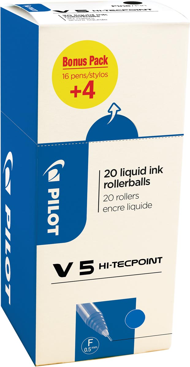 Pilot roller Hi-Tecpoint V5 0,3 mm, blauw, value pack met 16 + 4 stuks