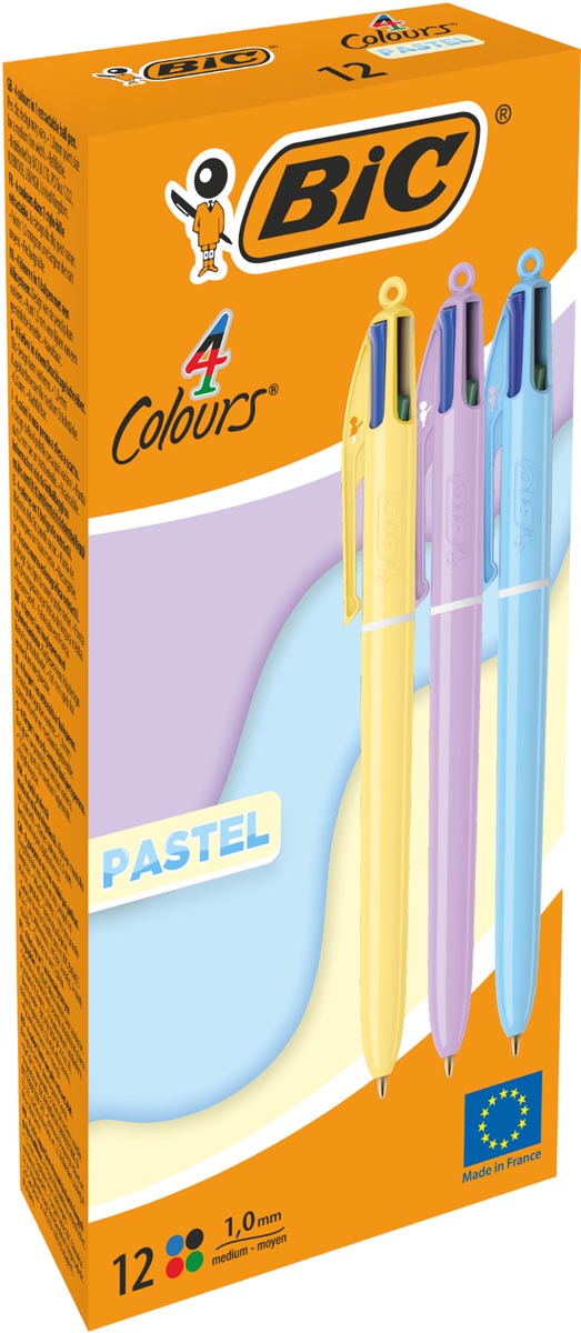 Bic Colours Pastel 4-kleurenbalpen, medium, klassieke inktkleuren, µdoos van 12 stuks afbeelding