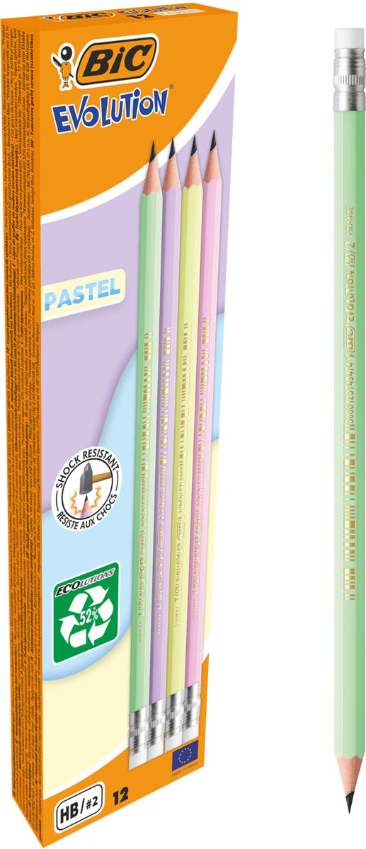 Bic grafietpotlood Evolution Pastel HB met gom, doos van 12 stuks, assorti afbeelding