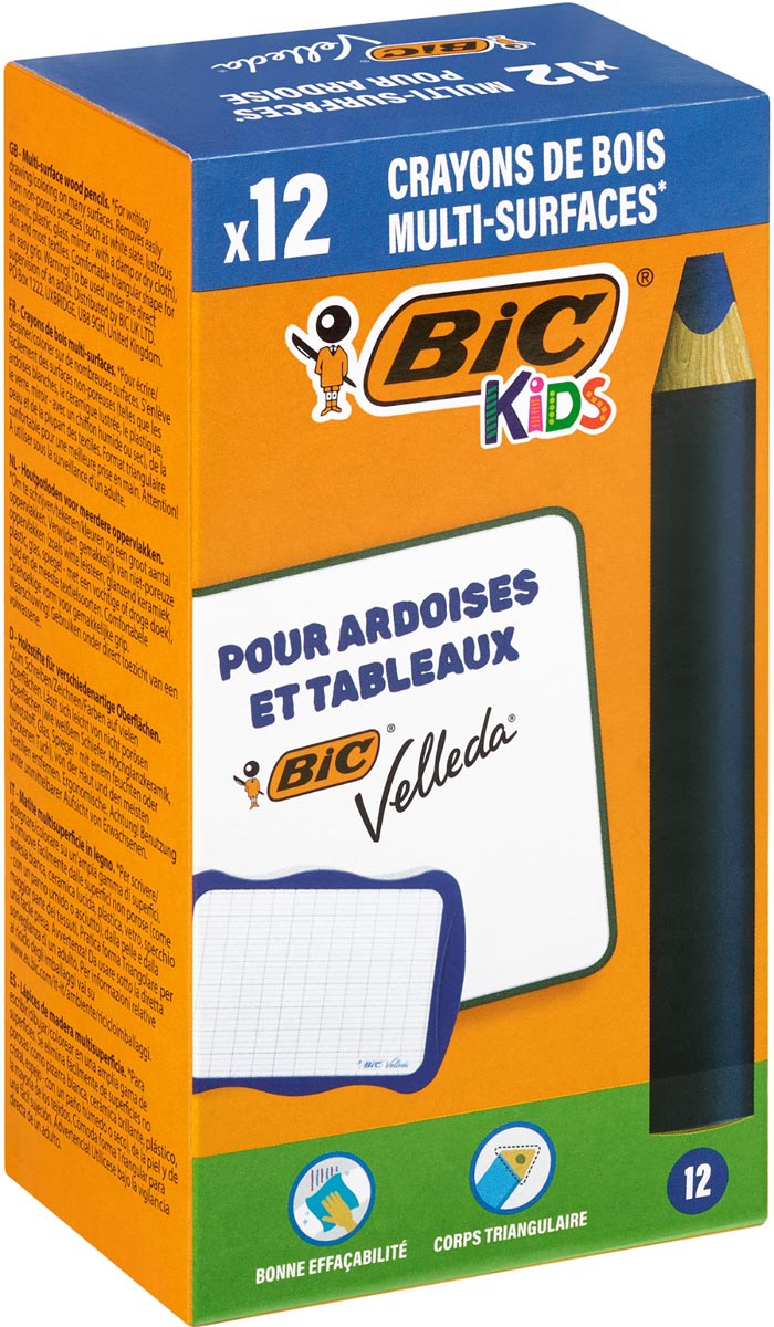 BIC Kids Multisurface Kleurpotloden met Driehoekig Vat en Uitwisbare Lood op Niet-Poreuze Oppervlakken - Assorti Kleuren - Set van 12