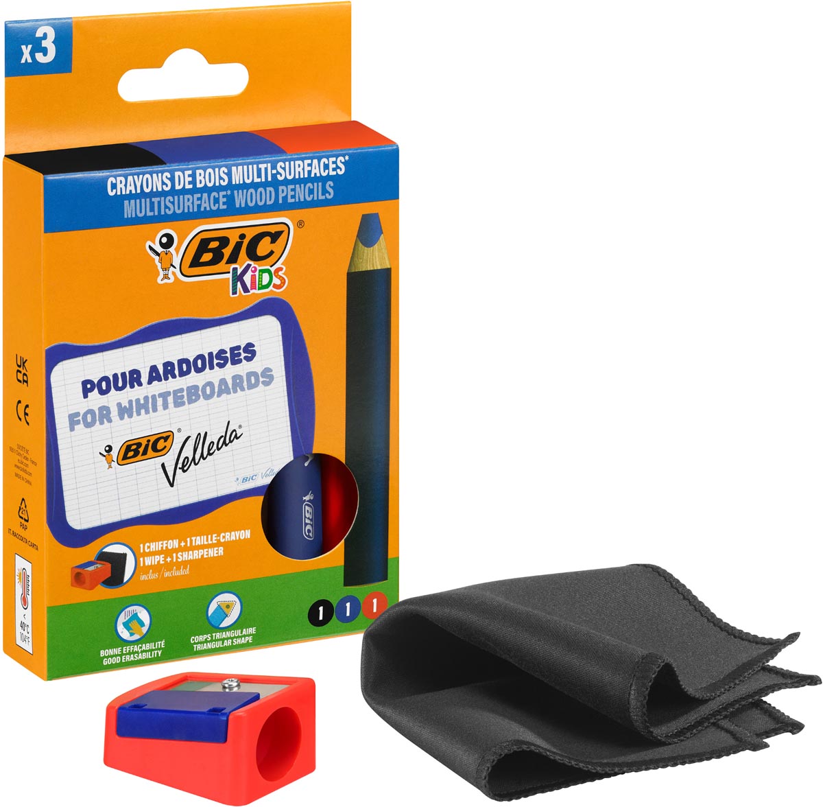 Bic Kids potlood voor whiteboards Multisurface, assorti, etui van 3 stuks + slijper en doek afbeelding
