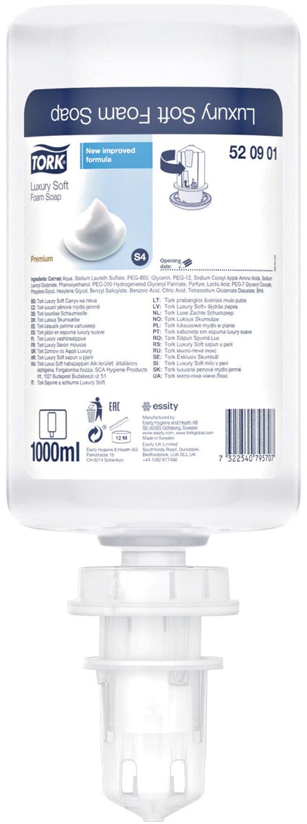 Tork zachte schuimzeep Luxe, S4, flacon van 1 liter Tork zachte schuimzeep Luxe, S4, flacon van 1 liter