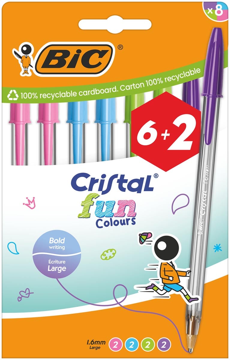 Bic balpen Cristal Fun, geassorteerde kleuren, etui van 6 + 2 gratis