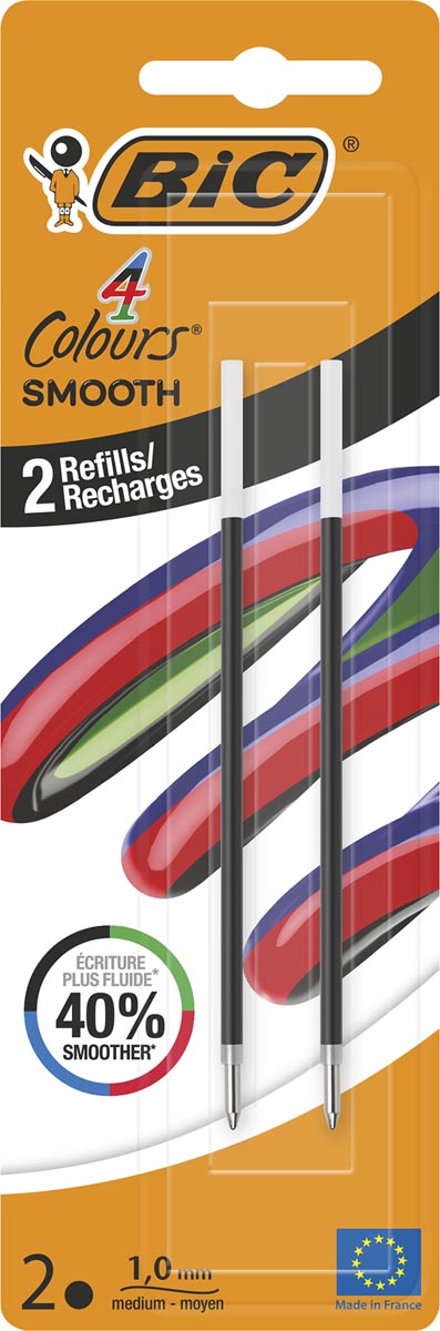 BIC vulling voor balpen 4 Colours Smooth, medium, blister van 2 stuks, zwart