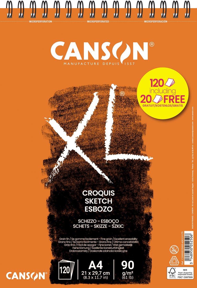 Canson schetsblok XXL, 90 g/m², ft A4, 100 + 20 vel gratis