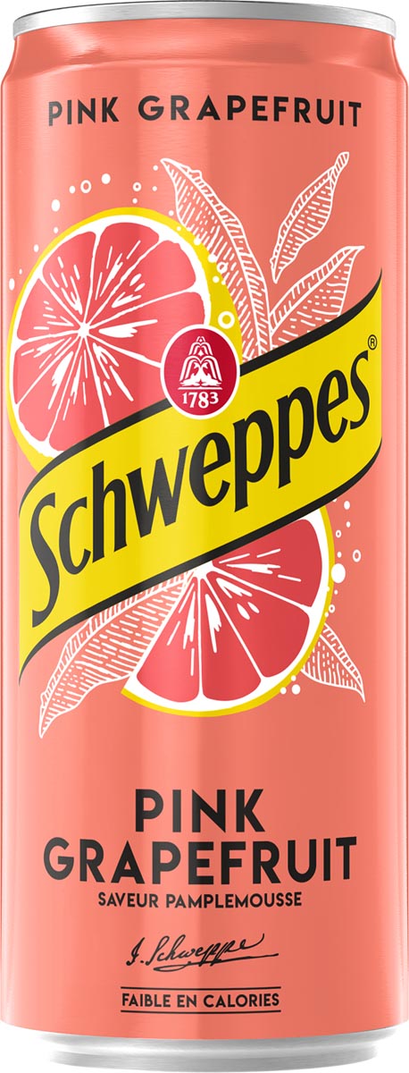 Schweppes Pink grapefruit frisdrank, sleek blik van 33 cl, pak van 24