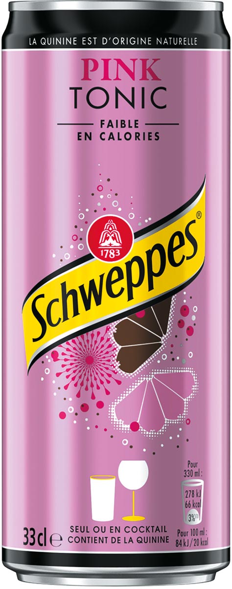 Schweppes Pink Tonic frisdrank, sleek blik van 33 cl, pak van 24 stuks