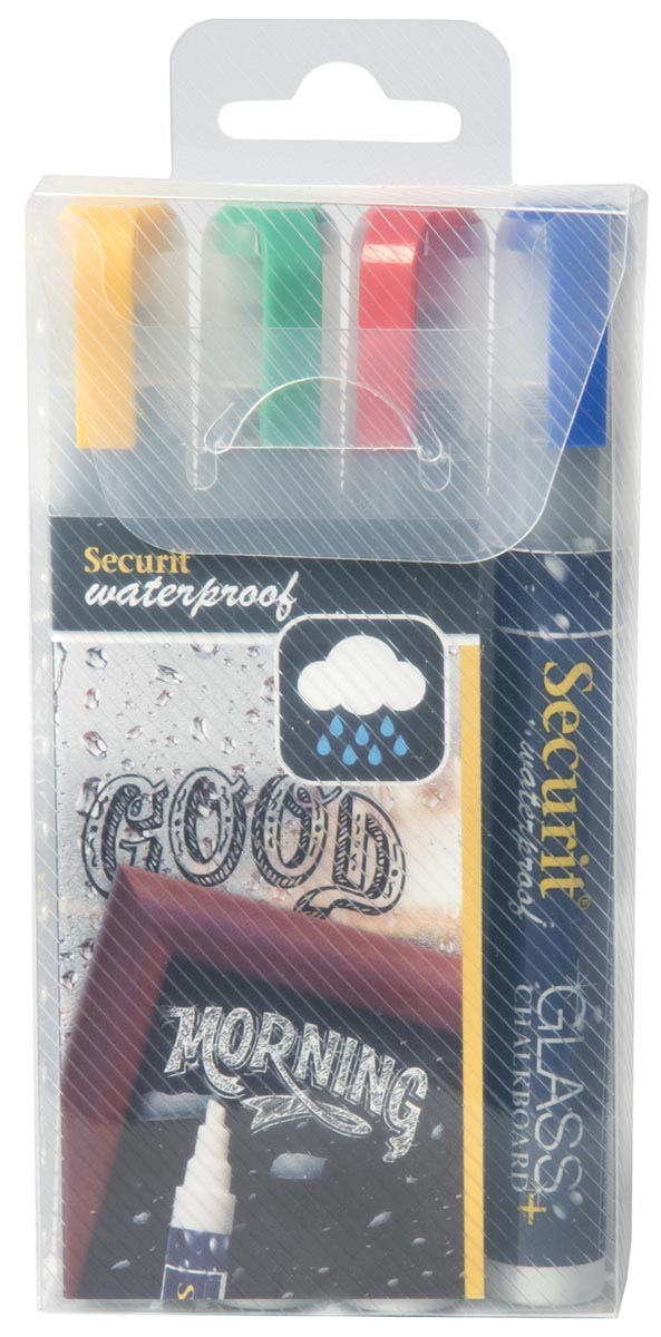 Securit Waterproof krijtmarker medium, blister met 4 stuks in geassorteerde kleuren afbeelding