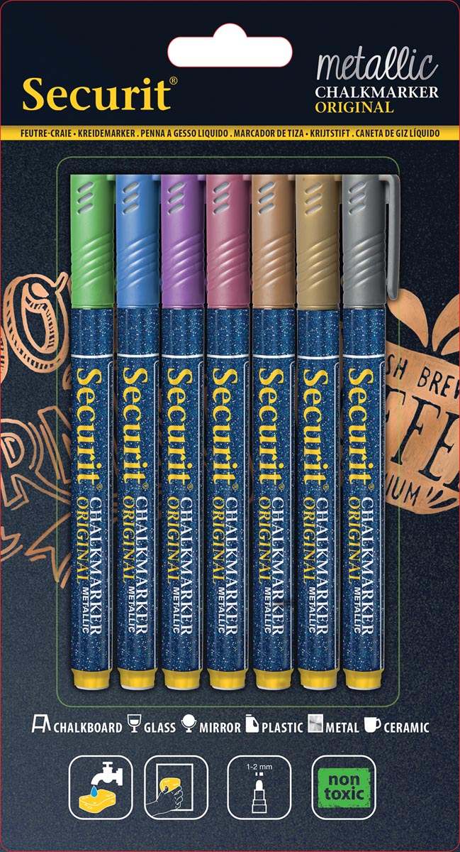 Securit krijtmarker fijn, blister van 7 stuks in geassorteerde metallic kleuren