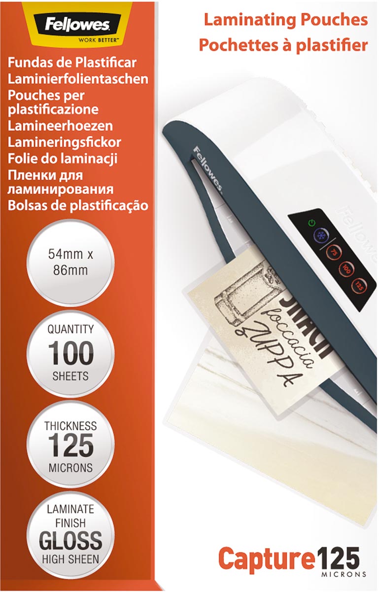 Fellowes lamineerhoes Capture125 ft 54 x 86 mm, 250 micron (2 x 125 micron), pak van 100 stuks Fellowes lamineerhoes Capture125 ft 54 x 86 mm, 250 micron (2 x 125 micron), pak van 100 stuks