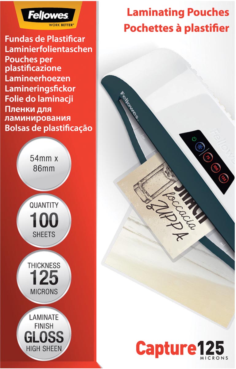 Fellowes lamineerhoes Capture125 ft 54 x 86 mm, 250 micron (2 x 125 micron), pak van 100 stuks afbeelding