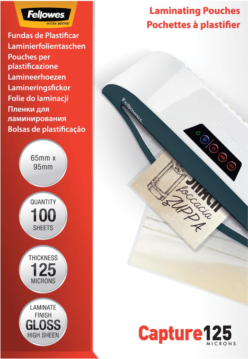 Fellowes lamineerhoes Capture125 ft 65 x 95 mm, 250 micron (2 x 125 micron), pak van 100 stuks afbeelding