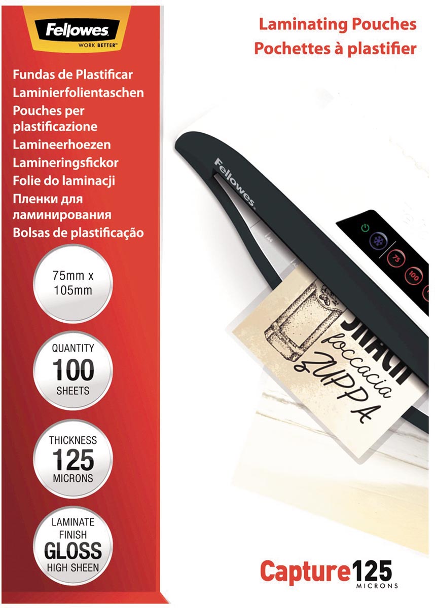 Fellowes lamineerhoes Capture125 ft 75 x 105 mm, 250 micron (2 x 125 micron), pak van 100 stuks Fellowes lamineerhoes Capture125 ft 75 x 105 mm, 250 micron (2 x 125 micron), pak van 100 stuks