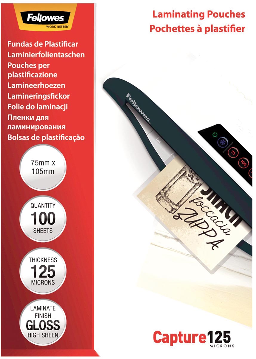 Fellowes lamineerhoes Capture125 ft 75 x 105 mm, 250 micron (2 x 125 micron), pak van 100 stuks afbeelding
