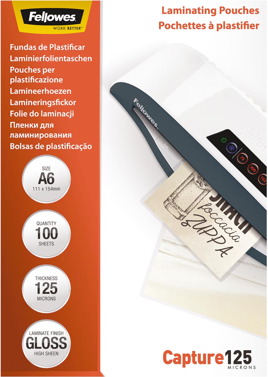 Fellowes lamineerhoes Capture125 ft A6, 250 micron (2 x 125 micron), pak van 100 stuks Fellowes lamineerhoes Capture125 ft A6, 250 micron (2 x 125 micron), pak van 100 stuks