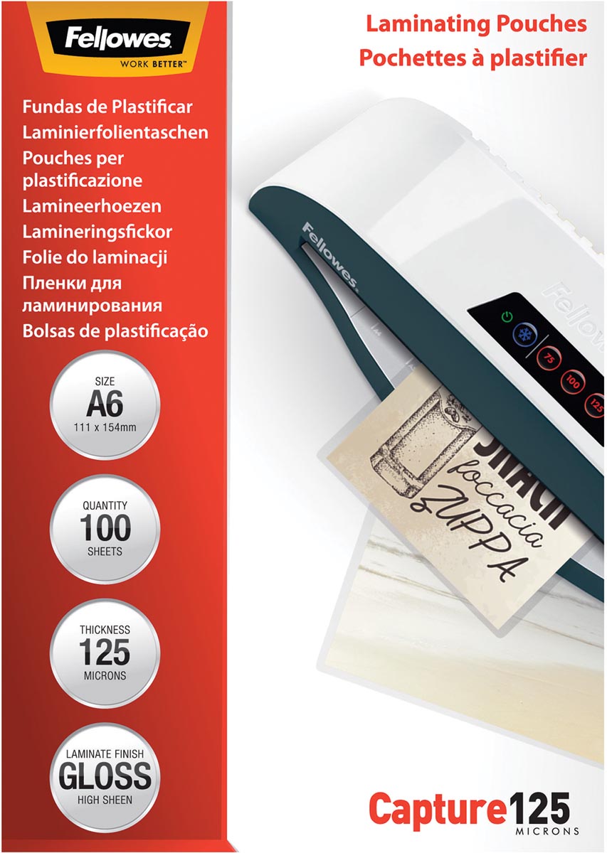 Fellowes lamineerhoes Capture125 ft A6, 250 micron (2 x 125 micron), pak van 100 stuks afbeelding