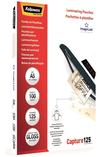 Fellowes lamineerhoes Capture125 ft A5, 250 micron (2 x 125 micron), pak van 100 stuks afbeelding