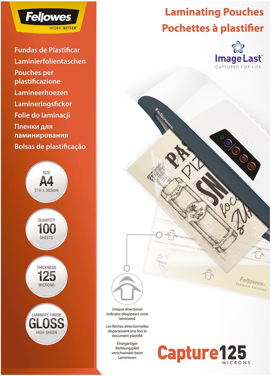 Fellowes ImageLast lamineerhoes Capture125 ft A4, 250 micron (2 x 125 micron), pak van 100 stuks Fellowes ImageLast lamineerhoes Capture125 ft A4, 250 micron (2 x 125 micron), pak van 100 stuks