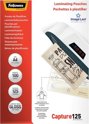 Fellowes ImageLast lamineerhoes Capture125 ft A4, 250 micron (2 x 125 micron), pak van 100 stuks