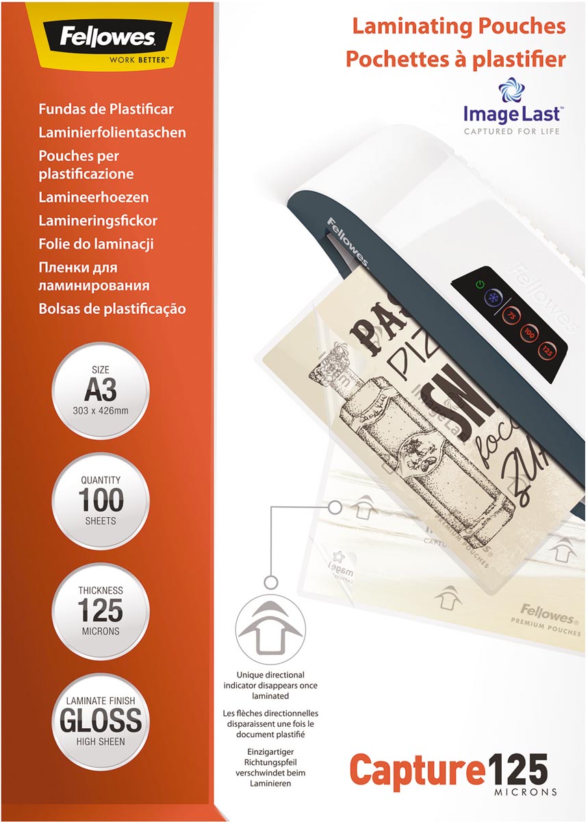 Fellowes lamineerhoes Capture125 ft A3, 250 micron (2 x 125 micron), pak van 100 stuks Fellowes lamineerhoes Capture125 ft A3, 250 micron (2 x 125 micron), pak van 100 stuks