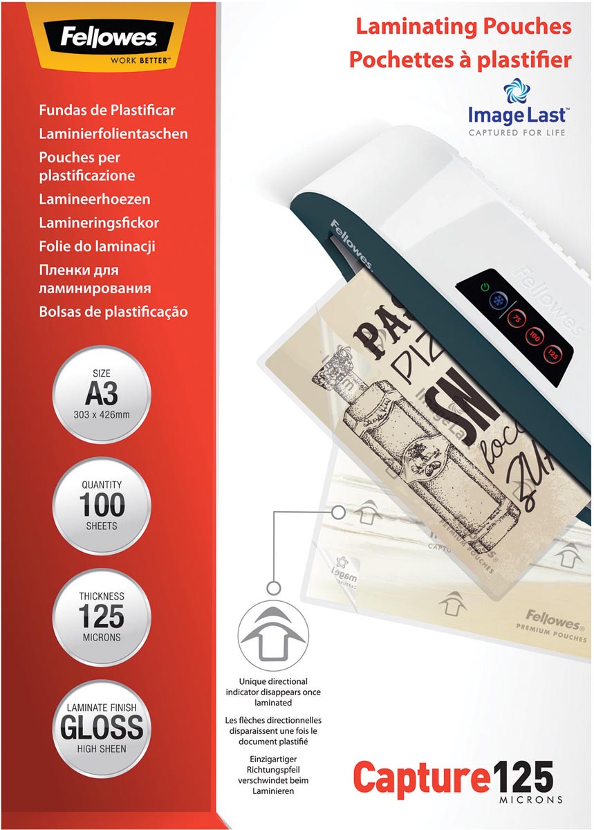 Fellowes lamineerhoes Capture125 ft A3, 250 micron (2 x 125 micron), pak van 100 stuks afbeelding