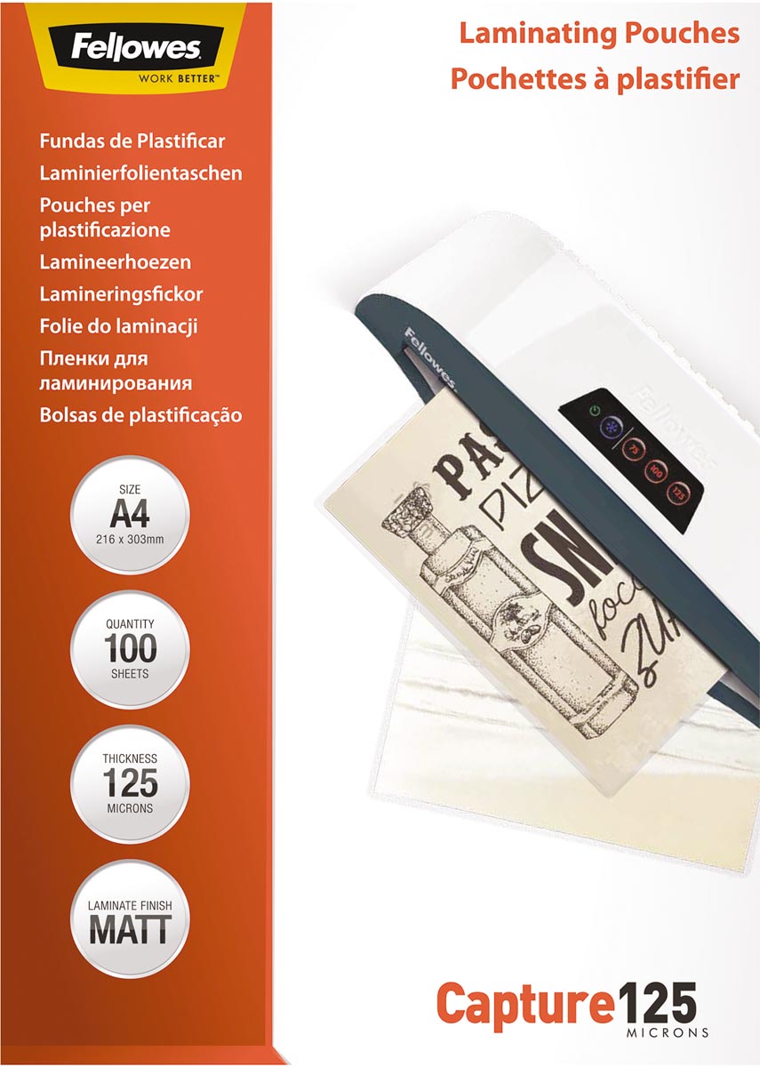 Fellowes lamineerhoes Capture125 ft A4, 250 micron (2 x 125 micron), pak van 100 stuks, mat Fellowes lamineerhoes Capture125 ft A4, 250 micron (2 x 125 micron), pak van 100 stuks, mat