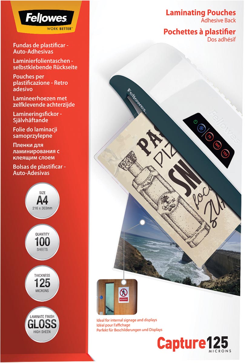 Fellowes lamineerhoes Capture125 ft A4, 250 micron (2 x 125 micron), pak van 100 stuks, zelfklevend afbeelding
