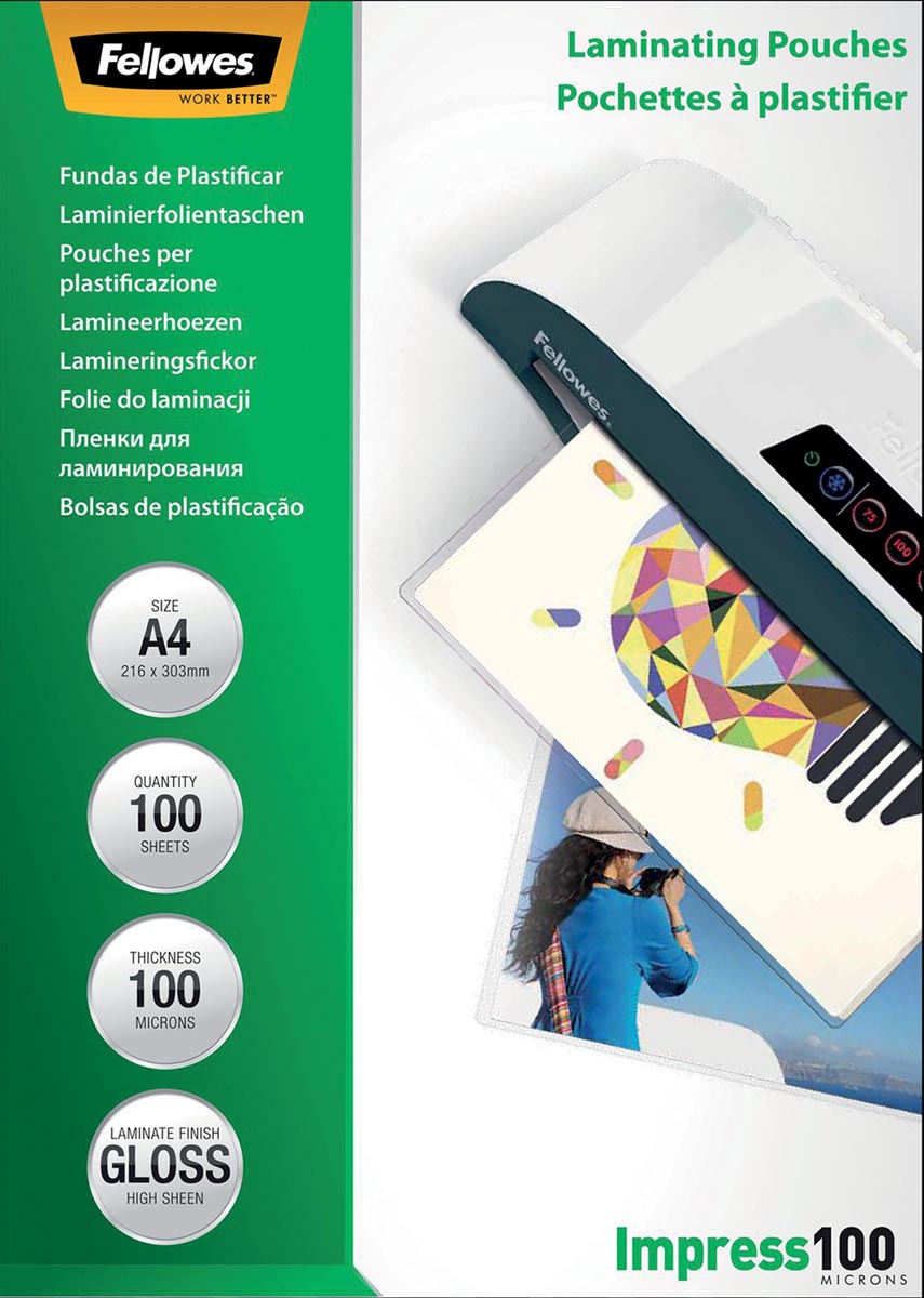 Fellowes lamineerhoes Impress100 ft A4, 200 micron (2 x 100 micron), pak van 100 stuks afbeelding