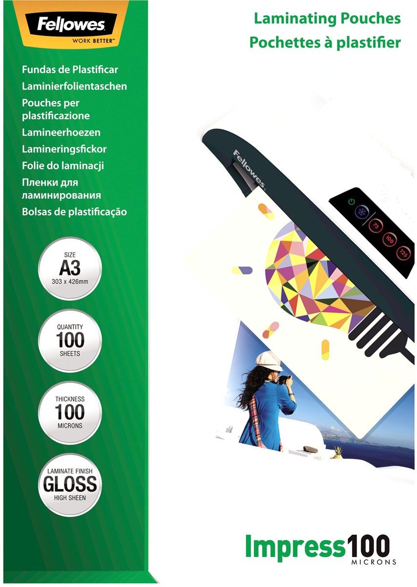 Fellowes lamineerhoes Impress100 ft A3, 200 micron (2 x 100 micron), pak van 100 stuks afbeelding