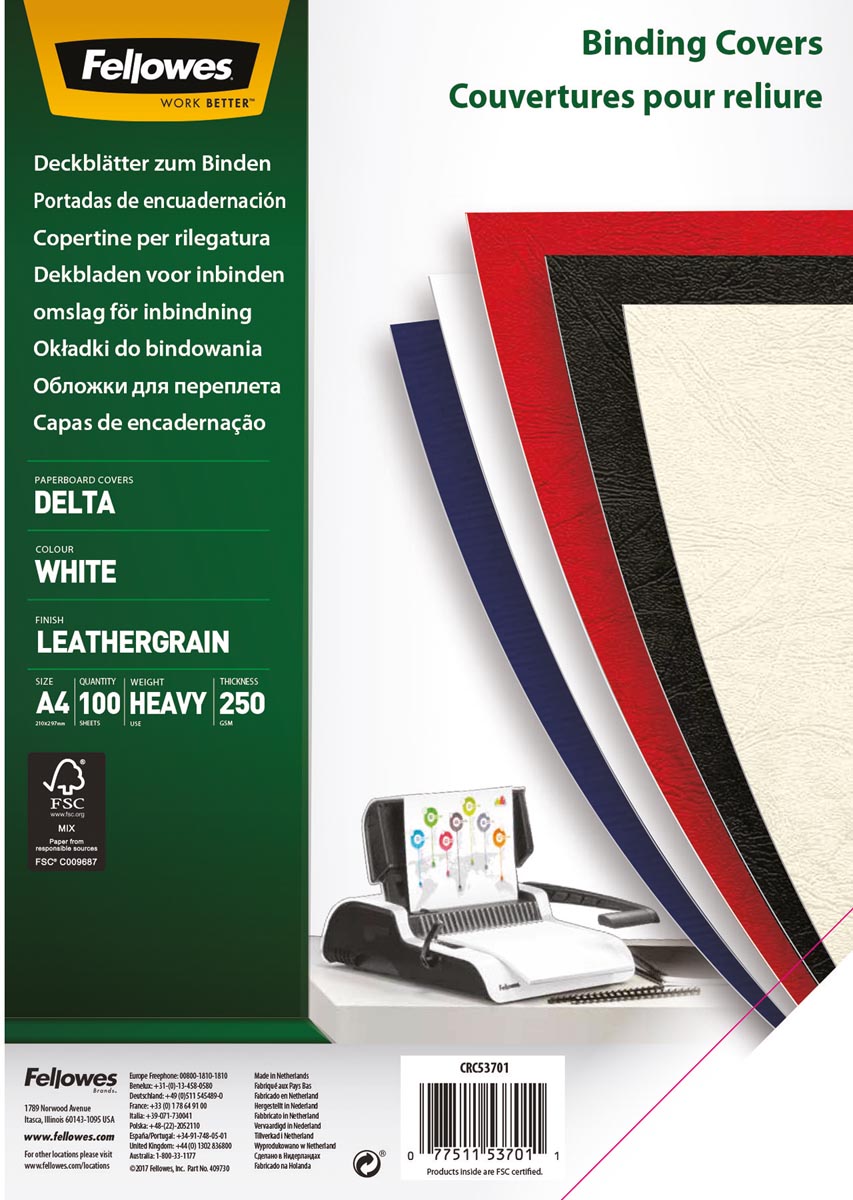 Fellowes omslagen, ft A4, karton lederlook, 250 micron, pak van 100 stuks, wit afbeelding