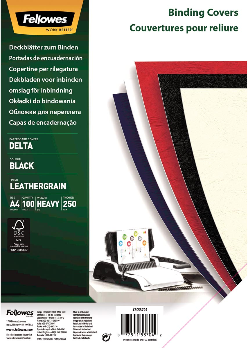 Fellowes omslagen, ft A4, karton lederlook, 250 micron, pak van 100 stuks, zwart afbeelding