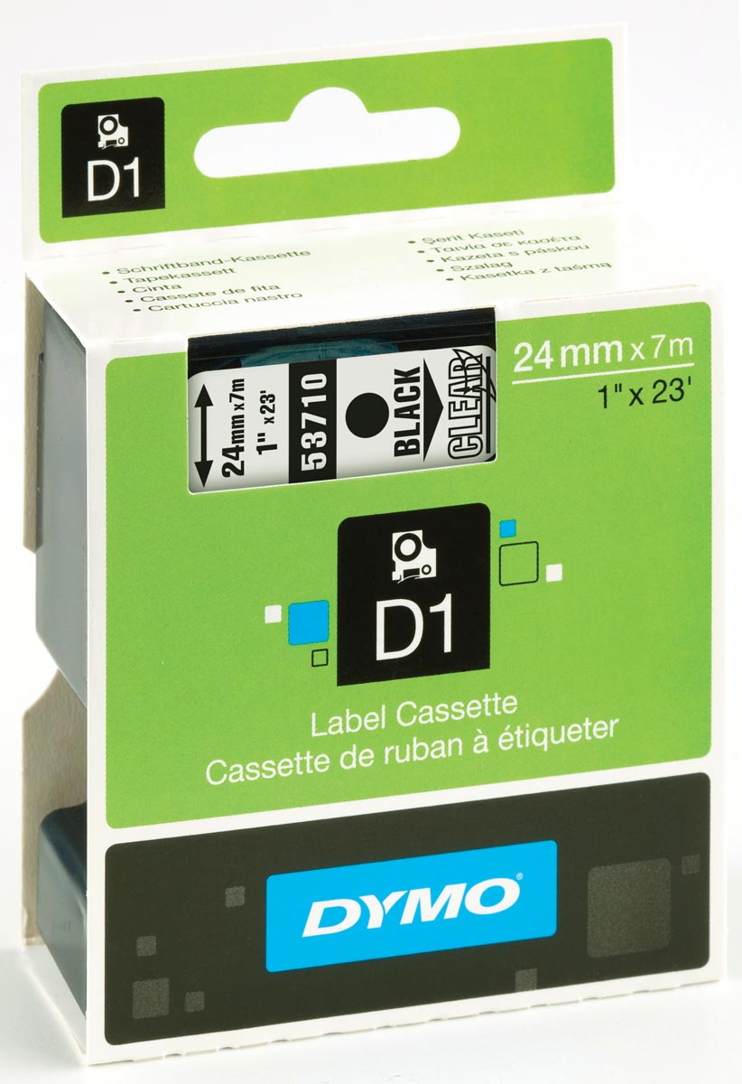 Dymo D1 tape 24 mm, transparant op zwart