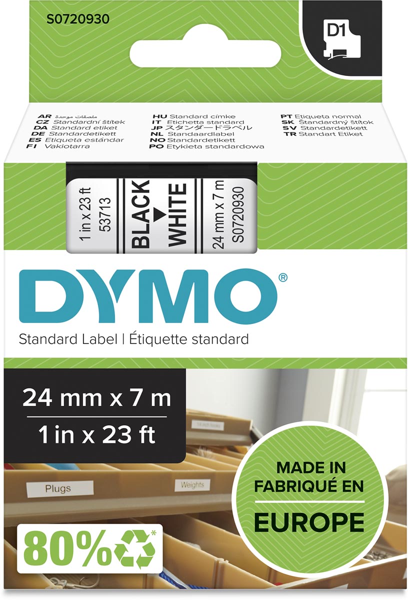 Dymo D1 tape 24 mm, zwart op wit afbeelding