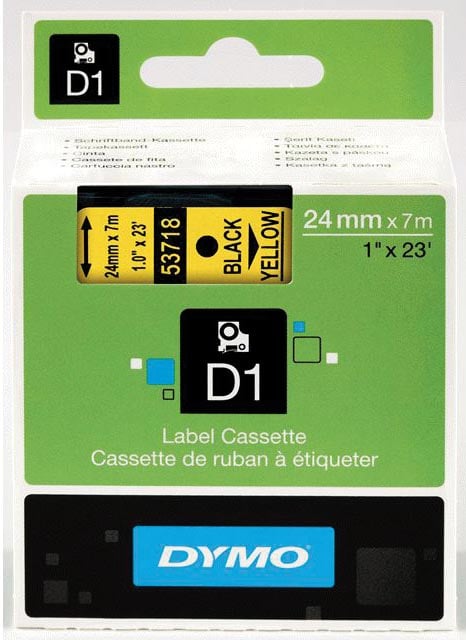 Dymo D1 permanente polyestertape 24 mm, zwart op geel afbeelding