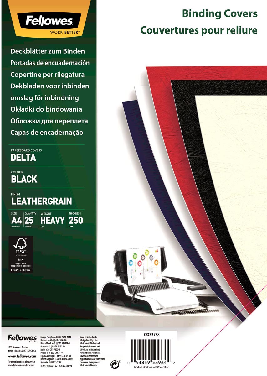 Fellowes schutbladen lederlook ft A4, 180micron, zwart, pak van 25 stuks afbeelding