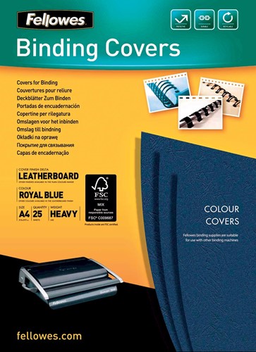 Fellowes omslagen, ft A4, karton lederlook, 250 micron, pak van 25 stuks, blauw