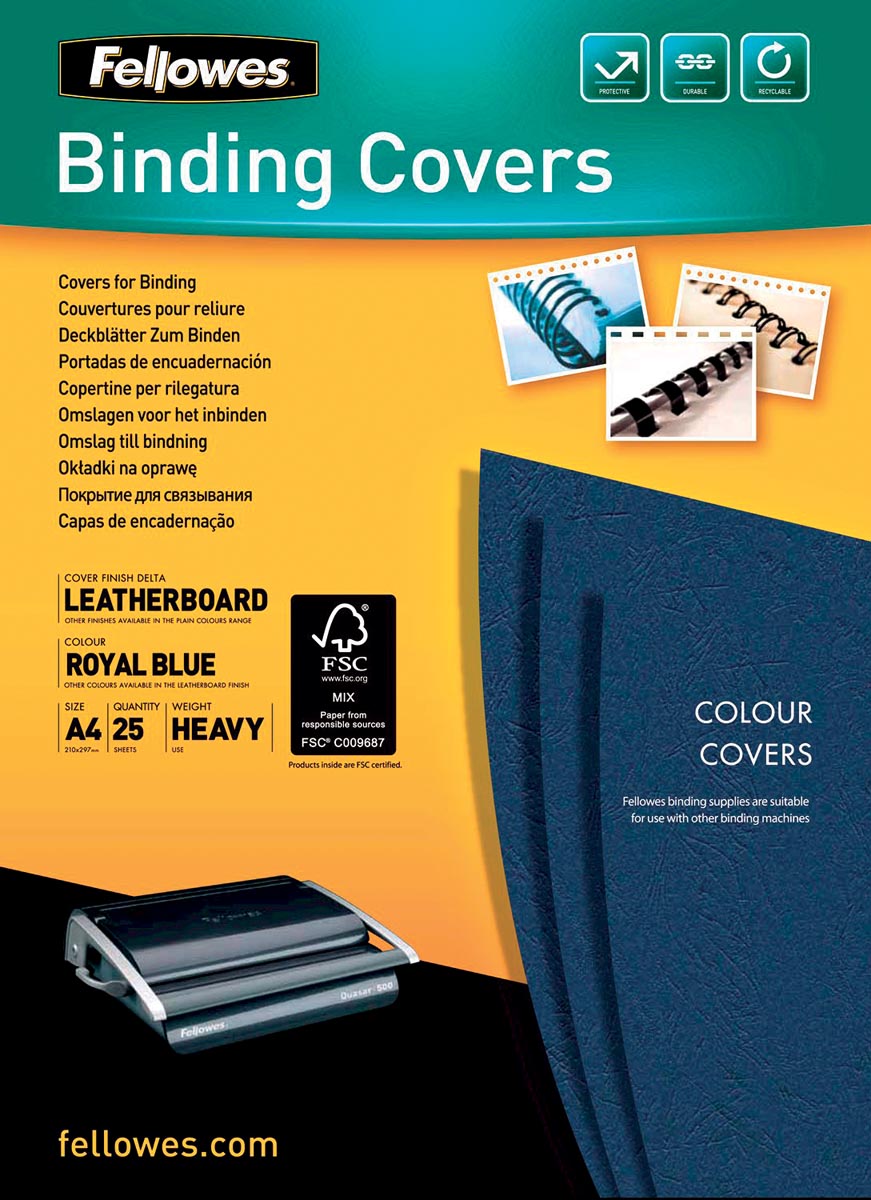 Fellowes omslagen, ft A4, karton lederlook, 250 micron, pak van 25 stuks, blauw afbeelding