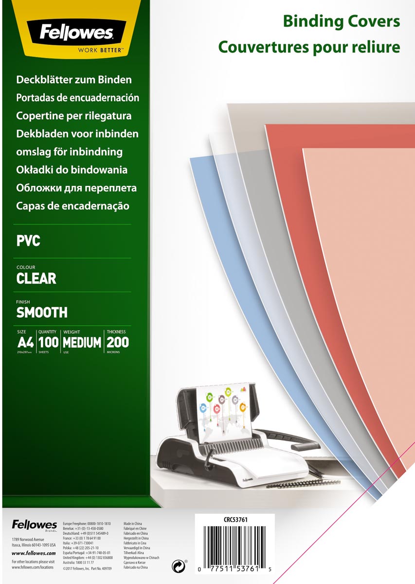 Fellowes omslagen ft A4, 200 micron, pak van 100 stuks Fellowes omslagen ft A4, 200 micron, pak van 100 stuks