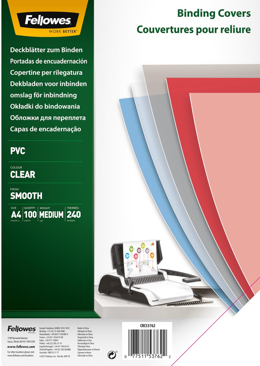 Fellowes omslagen, ft A4, PVC, 240micron, pak van 100 stuks, transparant afbeelding