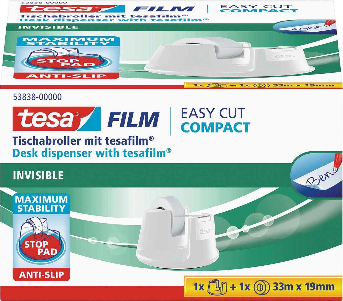 Tesa plakbandafroller Easy Cut Compact, voor rollen van ft 33 m x 19 mm, wit