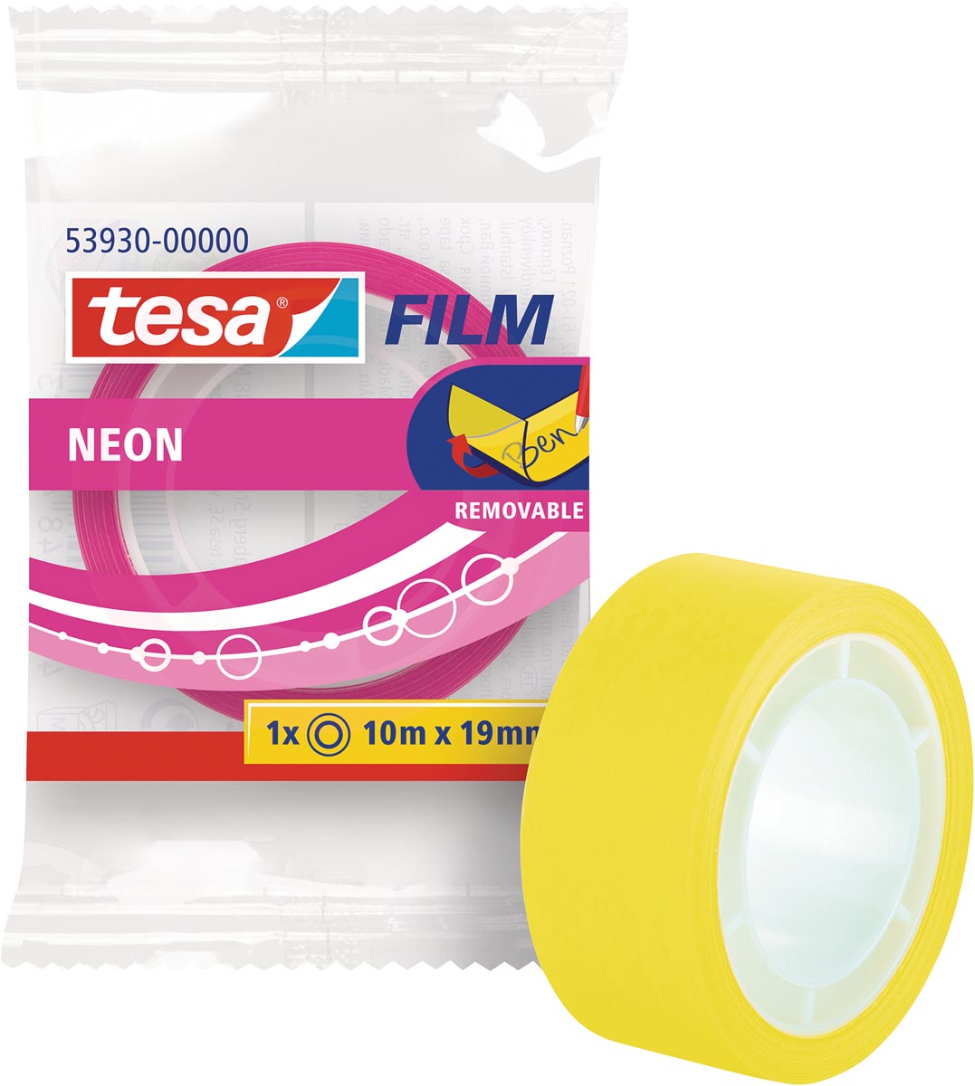 Tesafilm Neon tape, ft 19 mm x 10 m, geassorteerde kleuren geel of roze