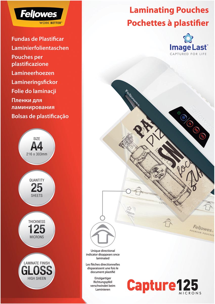 Fellowes lamineerhoes Capture125 ft A4, 250 micron (2 x 125 micron), pak van 25 stuks afbeelding