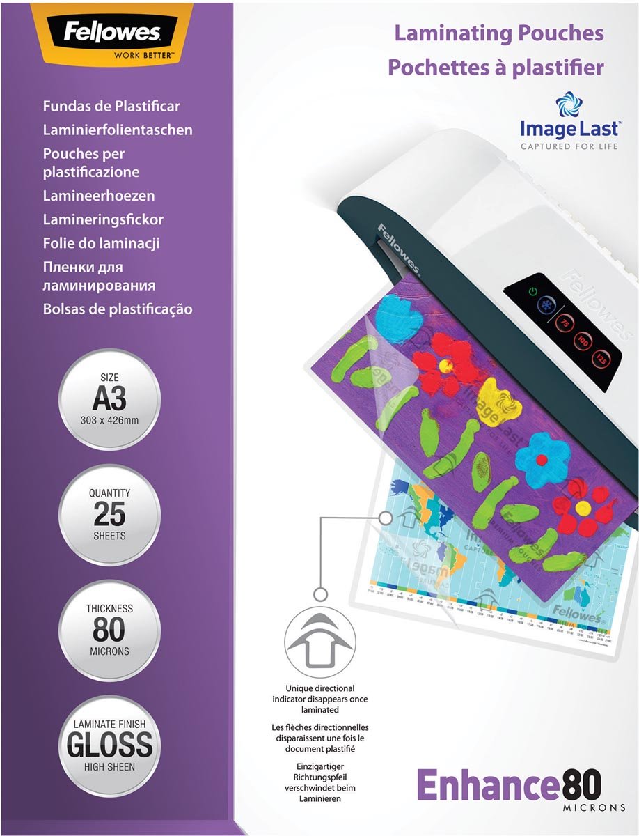 Fellowes lamineerhoezen Enhance80 ft A3, 160 micron (2 x 80 micron), glanzend, pak van 25 stuks afbeelding