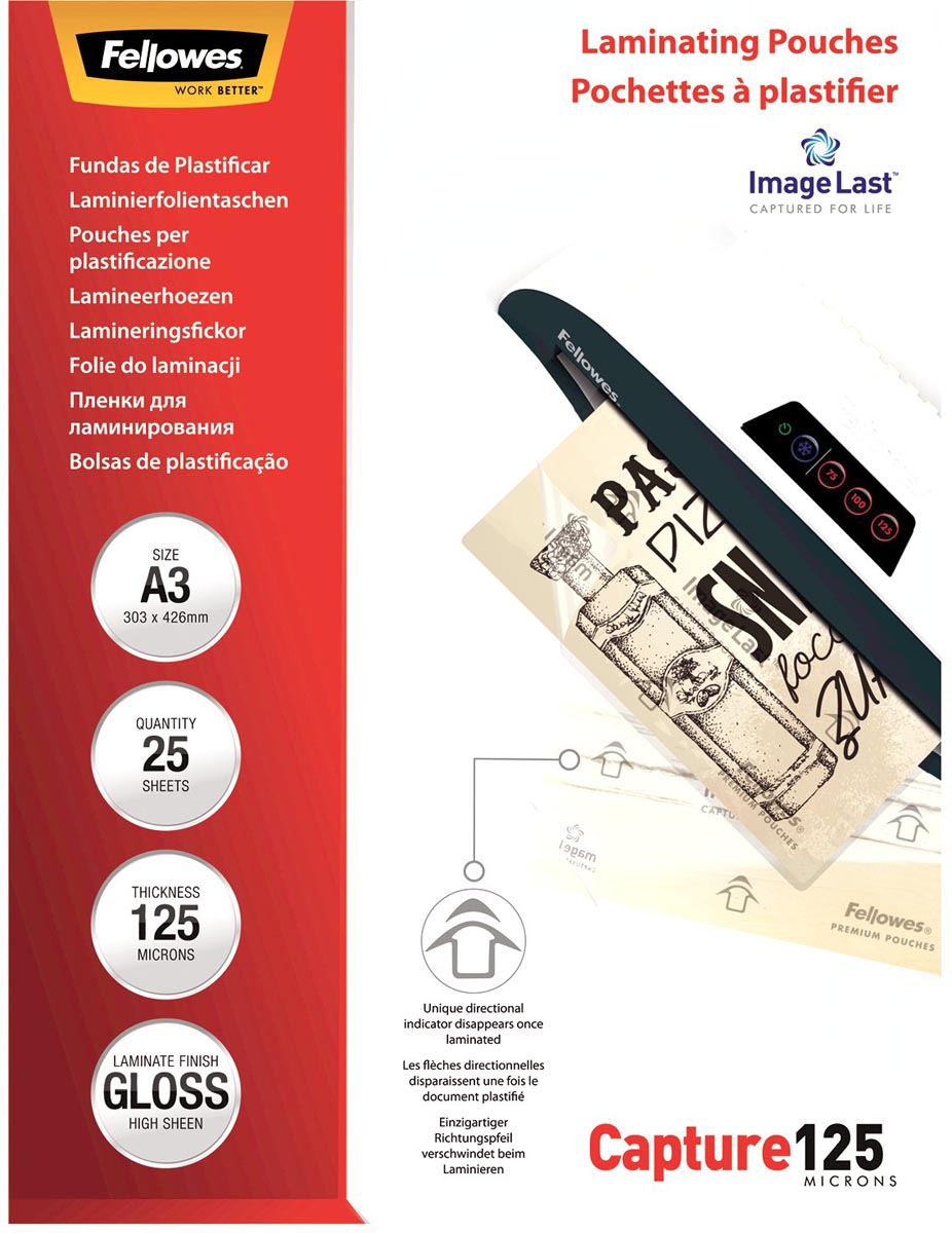 Fellowes lamineerhoes Capture125 ft A3, 250 micron (2 x 125 micron), pak van 25 stuks afbeelding