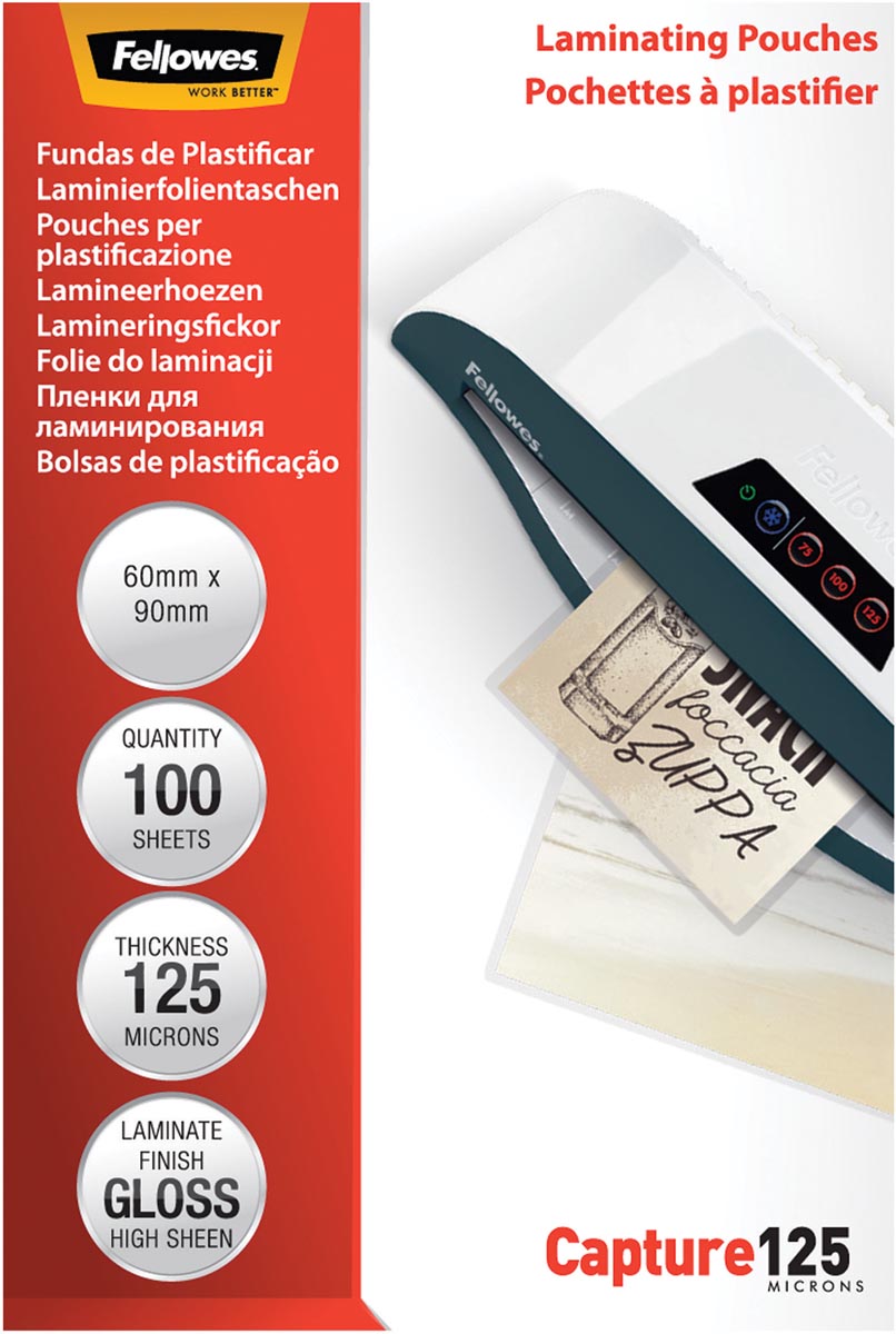 Fellowes lamineerhoes Capture125 ft 60 x 90 mm, 250 micron (2 x 125 micron), pak van 100 stuks afbeelding