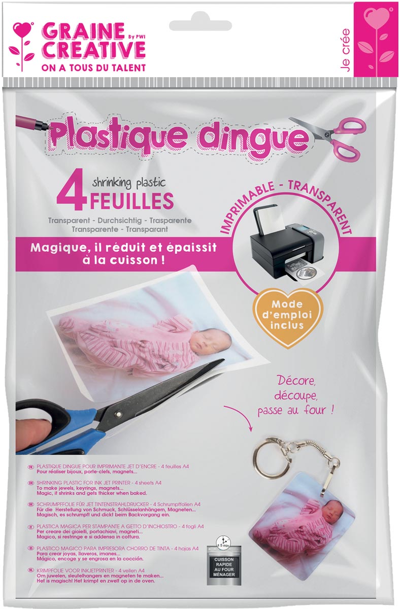 Graine Créative krimpplastiek, bedrukbaar, etui van 4 vel, transparant