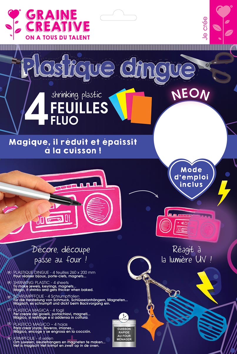 Graine Créative krimpplastiek, fluo, 4 vel, ft 33 x 22 x 0,5 cm
