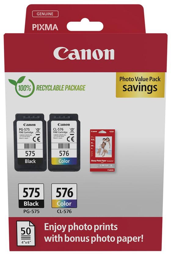 Canon photo value pack 1 x PG-575 + 1 x CL-576 100 pagina&apos;s OEM 5438C004 4 kleuren