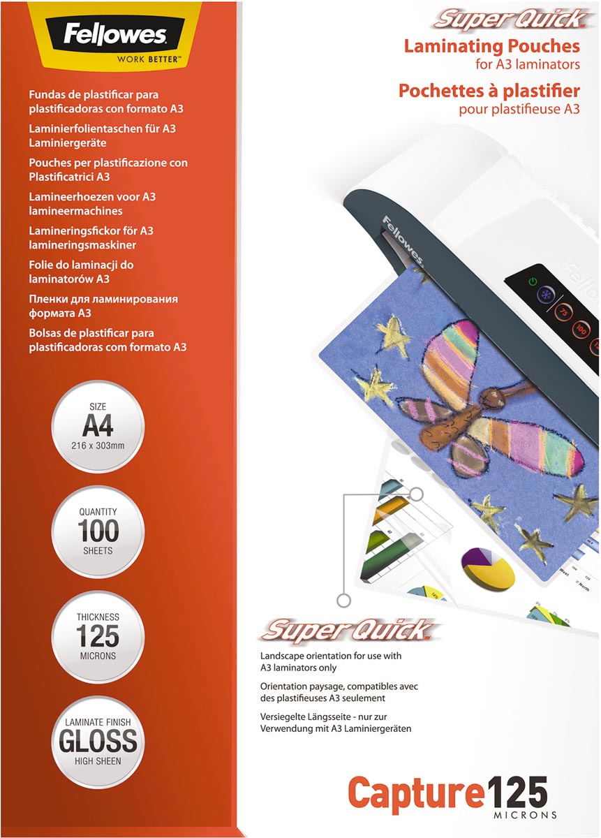 Fellowes lamineerhoes Capture125 Super Quick ft A4, 250 micron (2 x 125 micron), pak van 100 stuks Fellowes lamineerhoes Capture125 Super Quick ft A4, 250 micron (2 x 125 micron), pak van 100 stuks