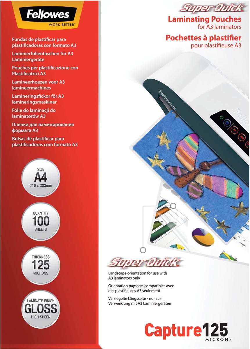 Fellowes lamineerhoes Capture125 Super Quick ft A4, 250 micron (2 x 125 micron), pak van 100 stuks afbeelding